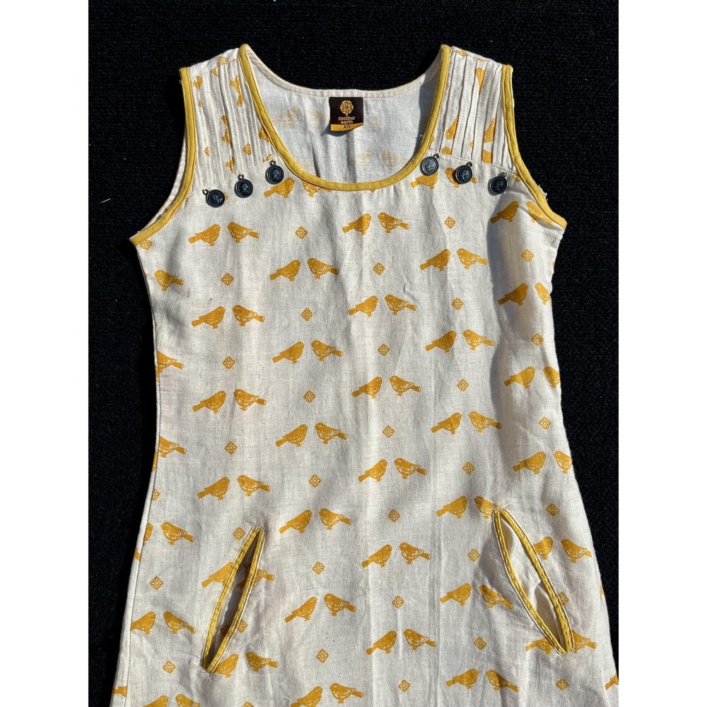 Mother Earth Dress Womens XS White Yellow Bird Print Sleeveless Pockets A-Line - Picture 3 of 12